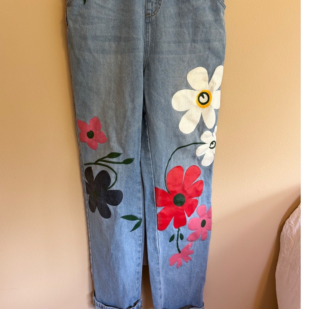 Floral Painted Denim Overalls Light Wash Boho Bib Jumpsuit Womens XL - Picture 2 of 10